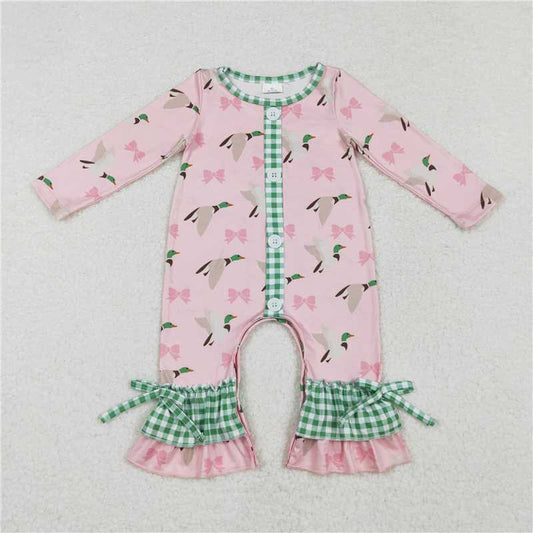 LR1689 Duck bow pattern green plaid pink long-sleeved jumpsuit