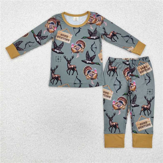 BLP0819 gone hunting modal deer duck turkey green long sleeve long pants pajamas set