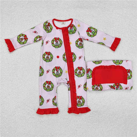 LR1664 grinch modal Christmas wreath red lace pink zipper long sleeve jumpsuit