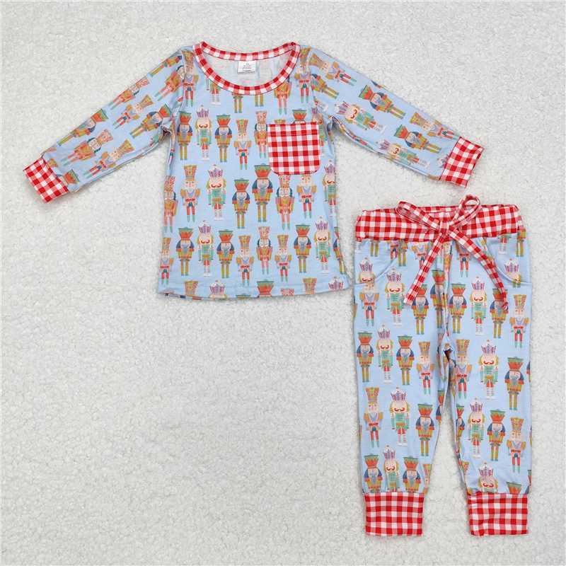 BLP0521 Modal Christmas Nutcracker Plaid Pocket Blue Long Sleeve Long Pants Pajama Set