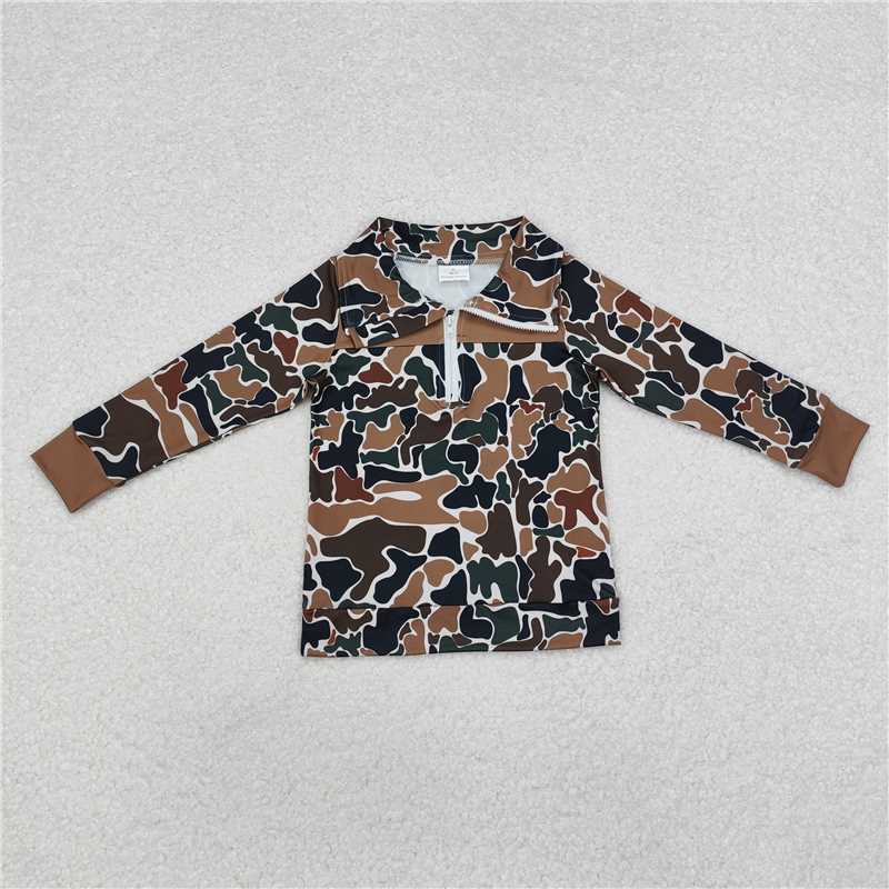 BT0810 Brown green camouflage beige zipper long-sleeved top