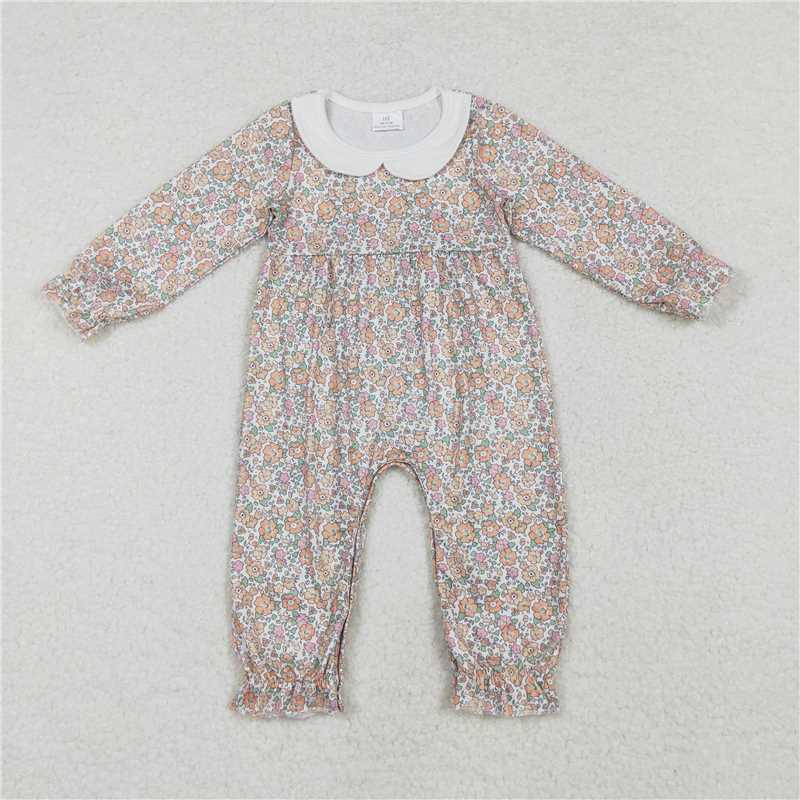 LR1238 Yellow-orange floral print long-sleeved jumpsuit with doll collar