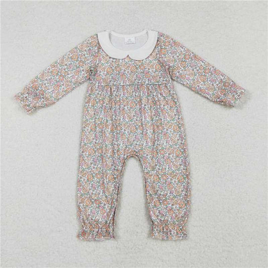 LR1238 Yellow-orange floral print long-sleeved jumpsuit with doll collar