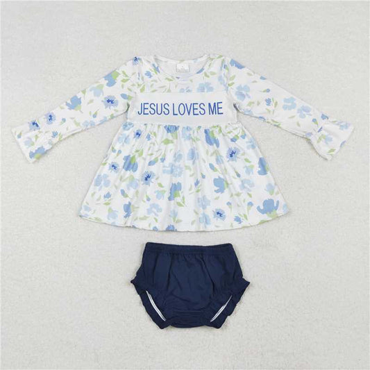 GBO0435 jesus loves me flower long-sleeved blue briefs set