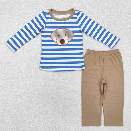 BLP0478 Embroidered blue puppy stripe khaki trousers set