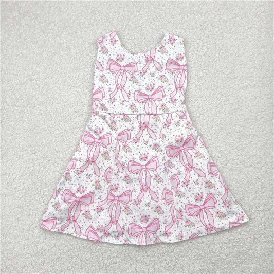4.24GSD2199 White yoga sleeveless dress with pink bow pattern and floral pattern