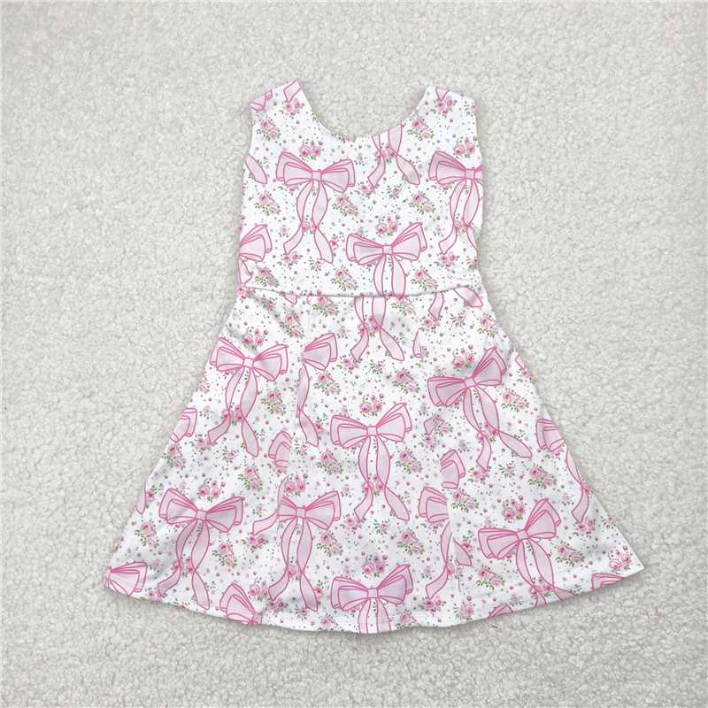 4.28 GSD2199 White yoga sleeveless dress with pink bow pattern and floral pattern