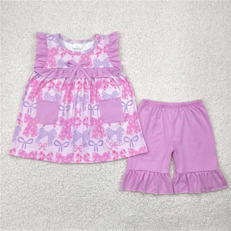 5.1  GSSO2462 Flower bow pattern purple lace pocket pink sleeveless shorts set