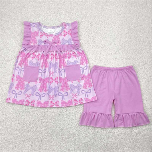 5.1  GSSO2462 Flower bow pattern purple lace pocket pink sleeveless shorts set