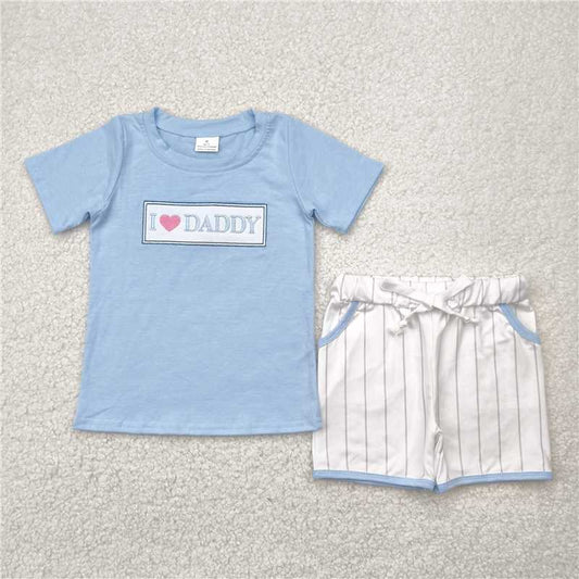 4.26  BSSO1434 Embroidered i love daddy blue short sleeve striped shorts set