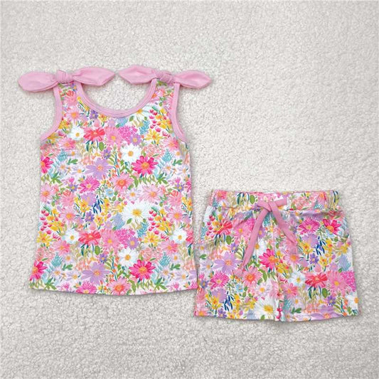 5.1  GSSO2551 Colorful flower pink sleeveless shorts set