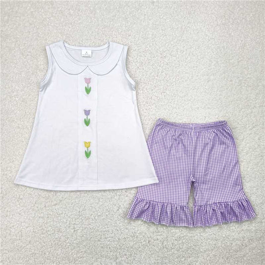 5.2  GSSO2276 Embroidered tulip flower doll collar white sleeveless purple plaid shorts suit