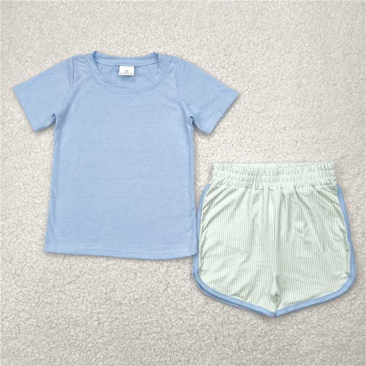 5.2  BSSO1481 Solid blue short-sleeved green striped shorts set