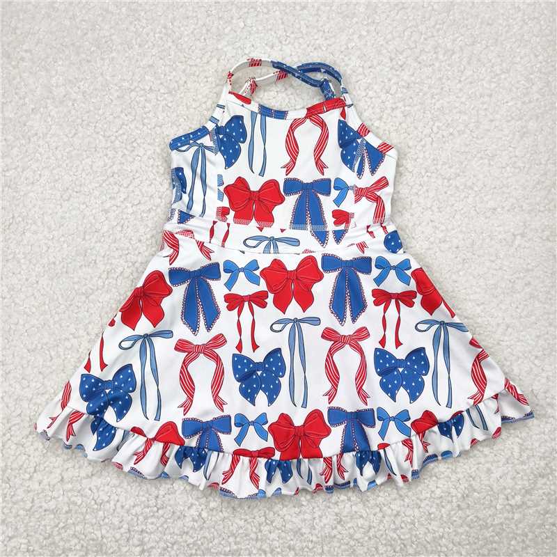5.7GSD2345 National Day red and blue bow pattern white yoga sleeveless dress