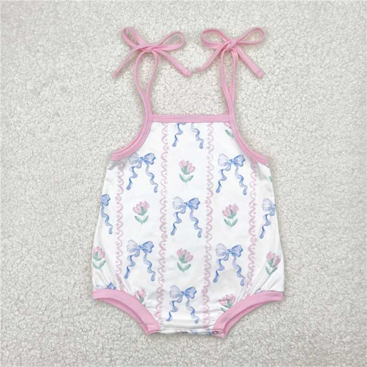 5.2  SR2858 Flower blue bow pattern pink wavy lines white vest jumpsuit
