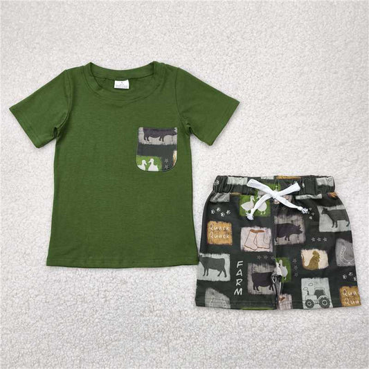 5.2 BSSO1390 Farm tractor cow duck pocket green shorts set