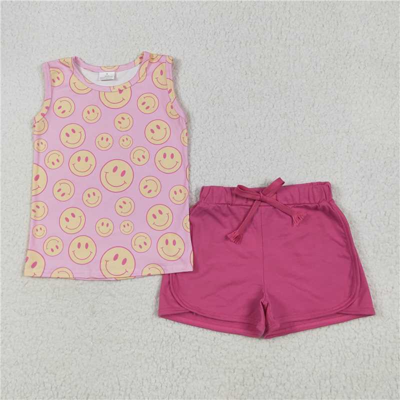 6.11  GSSO2605 Smiley pink sleeveless rose red shorts set