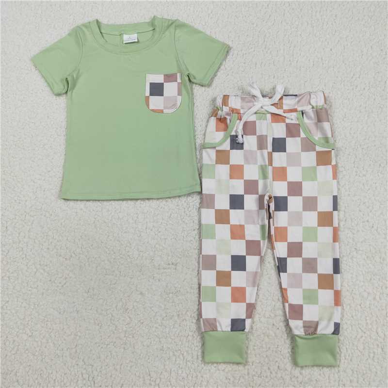 8.8  BSPO0576 Green short-sleeved trouser suit with colorful plaid pockets