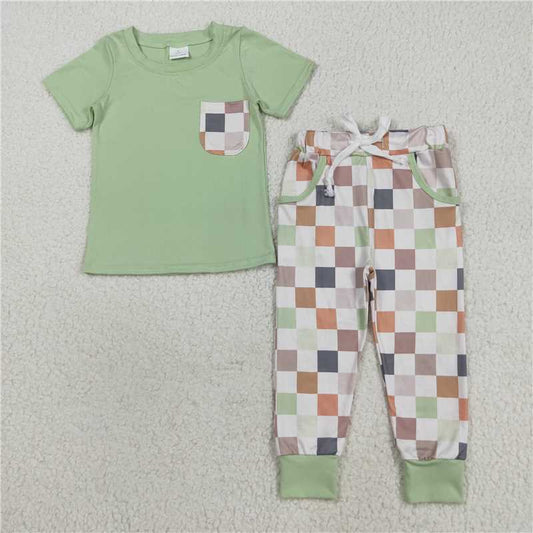 8.8  BSPO0576 Green short-sleeved trouser suit with colorful plaid pockets
