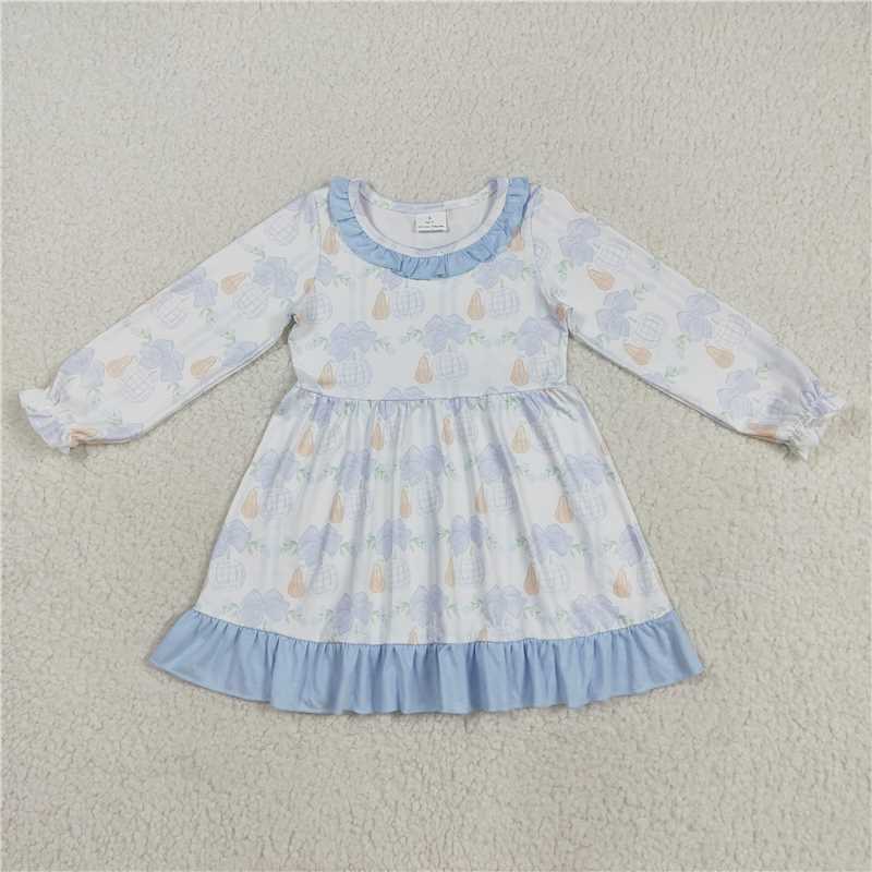 8.7  GLD1129 White long-sleeved dress with blue lace and pumpkin bow pattern