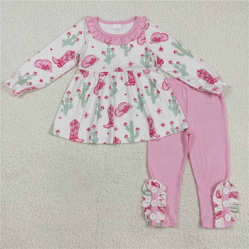 8.7  GLP2367 Beige long-sleeved trouser set with floral boots, cactus pink lace, and a matching set.