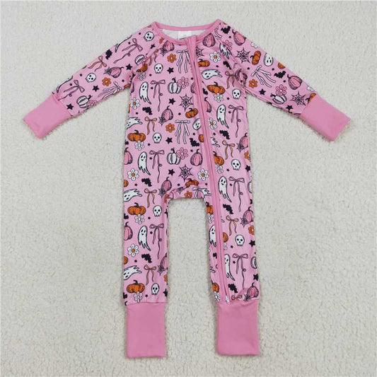 8.7  LR2405 Pink long-sleeved zip-up bodysuit with Halloween spooky pumpkin and bow pattern