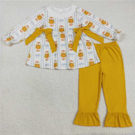 8.8  GLP2554 Pumpkin and Flower Orange Bow Collar Long-Sleeved Pants Set