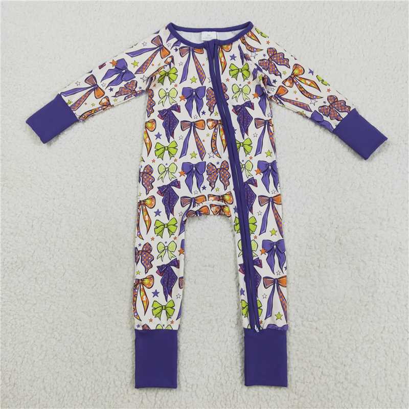 8.78.7 LR2403 Beige long-sleeved zip-up bodysuit with star and bow pattern
