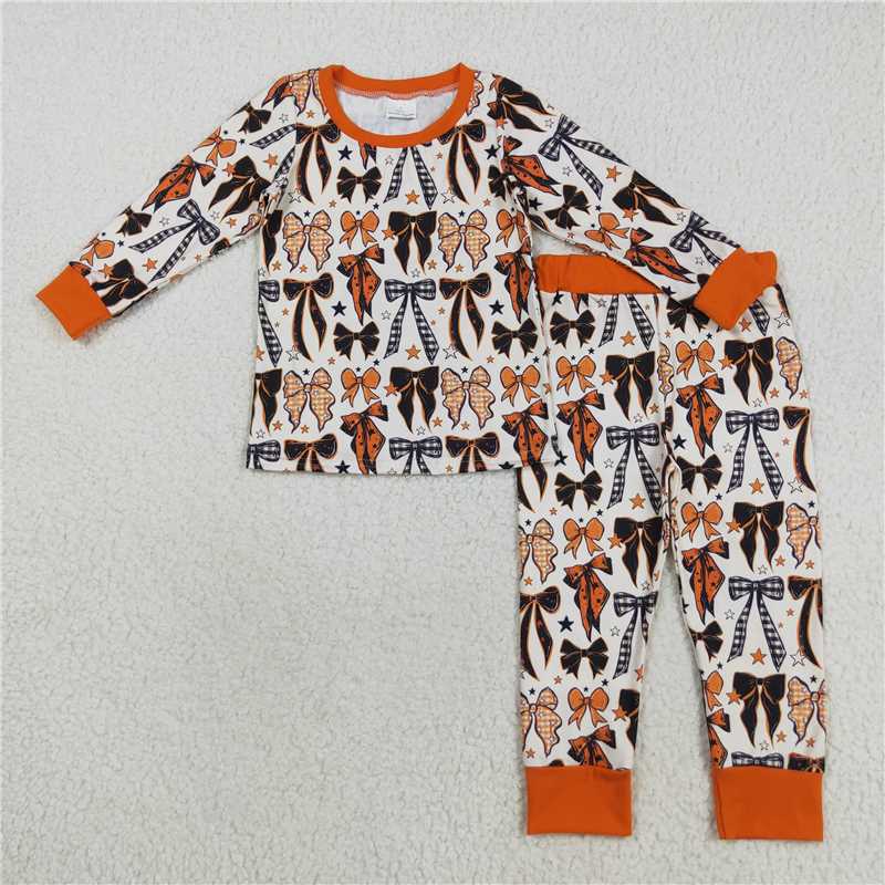 8.7  GLP2573 Orange long-sleeved, star-patterned pajama set with bow pattern