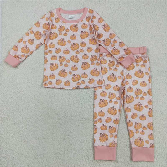 X8.18  GLP2416 Pumpkin Bow Light Pink Long-Sleeved Pants Pajama Set
