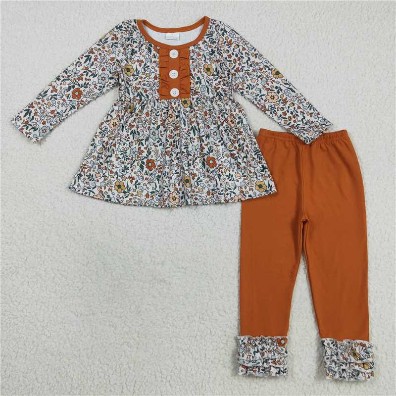 X8.16 GLP2404 Orange lace long-sleeved trouser set with flower and leaf buttons