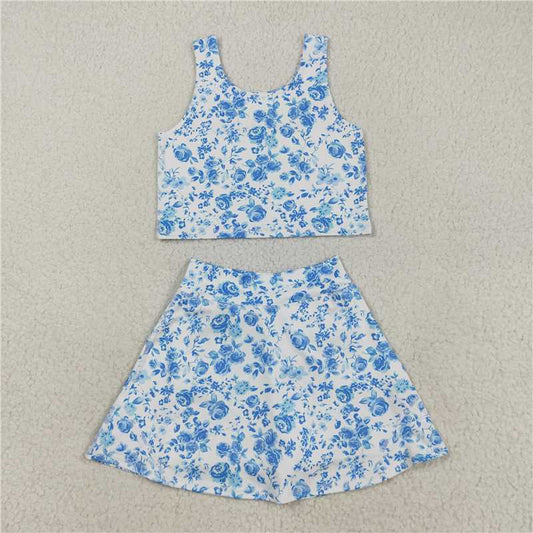 8.8  GSD2787 Blue floral sleeveless white culottes yoga set