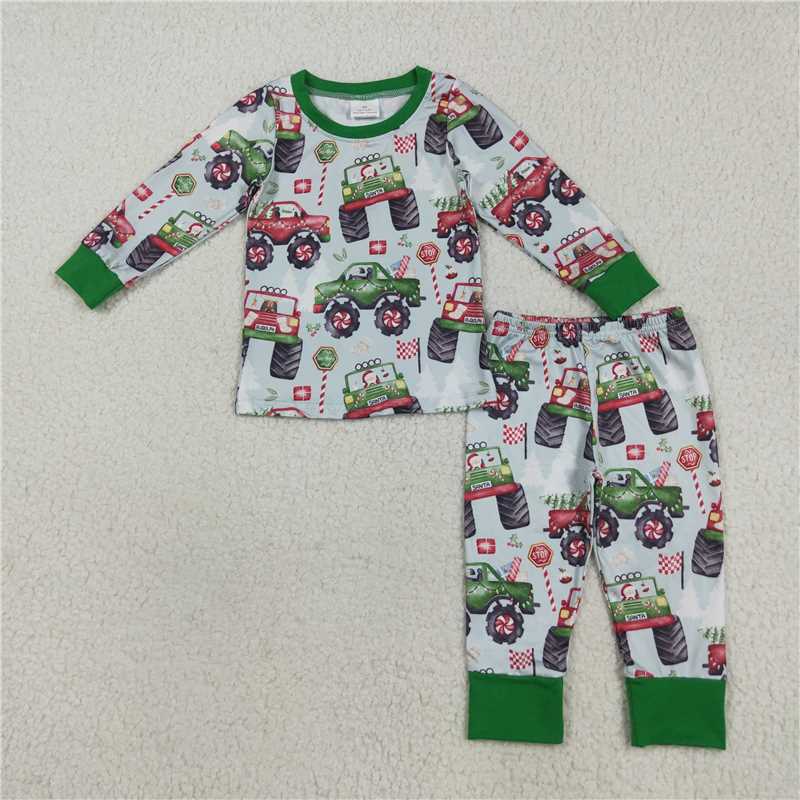 X8.18 BLP1087 Christmas truck green long-sleeved and long-pants pajama set