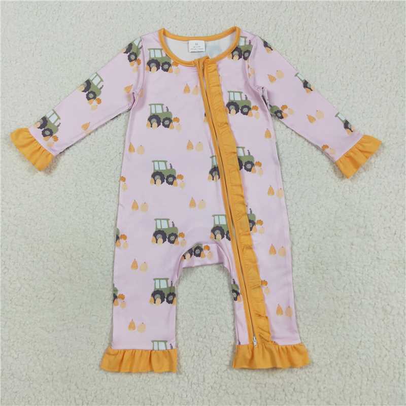 8.8LR2336 Tractor Pumpkin Orange and Pink Zipper Long-Sleeved Bodysuit