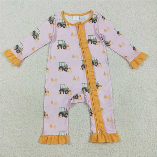 X8.16  LR2336 Tractor Pumpkin Orange and Pink Zippered Long-Sleeved Bodysuit