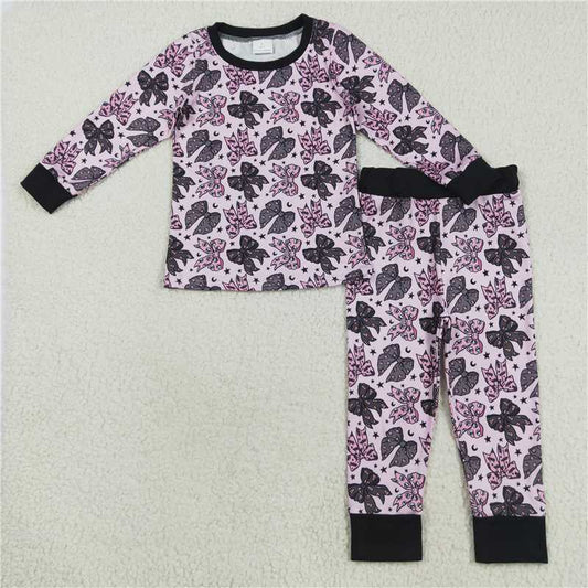 X8.16  GLP2516 Pink and black long-sleeved pajama set with a Halloween bow pattern