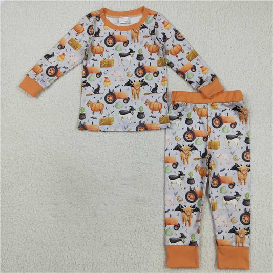 X8.18  BLP1179 Halloween Farm Animal Tractor Orange-Gray Long-Sleeve Pants Pajama Set