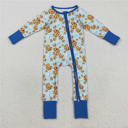 X8.18  LR2397 Cookies & Milk Blue Zippered Long-Sleeved Bodysuit