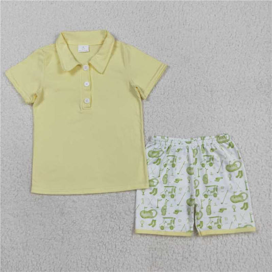 X8.18  BSSO1546 Solid yellow button-down short-sleeved golf shorts set