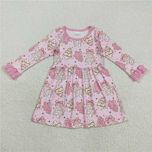 X8.16 GLD1124 Pink long-sleeved dress with Christmas tree cookie bow pattern