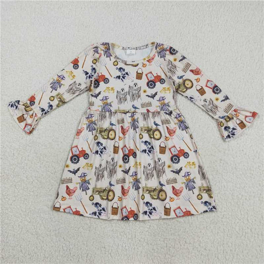 X8.16  GLD1196 Halloween Spooky Farm Animal Tractor Long Sleeve Dress