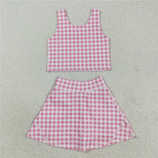 X8.18  GSD2786 Pink and white plaid sleeveless culottes yoga set