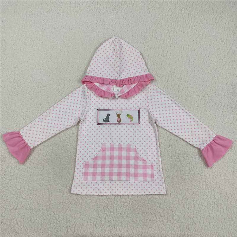 X8.16 GT1106 Embroidered puppy, elk, and duck pink plaid pocket polka dot lace hooded long-sleeved top