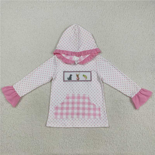 X8.16 GT1106 Embroidered puppy, elk, and duck pink plaid pocket polka dot lace hooded long-sleeved top