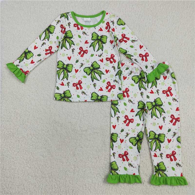 X8.18  GLP2628 White long-sleeved and long-pants pajama set with a Christmas heart, red and green bow pattern