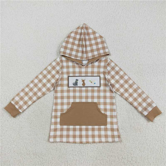 X830 BT1285 Embroidered puppy, elk, and duck brown plaid pocket polka dot hooded long-sleeved top
