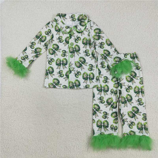 X8.16 GLP2582 White long-sleeved and long-pants pajama set with green bow pattern and plush trim