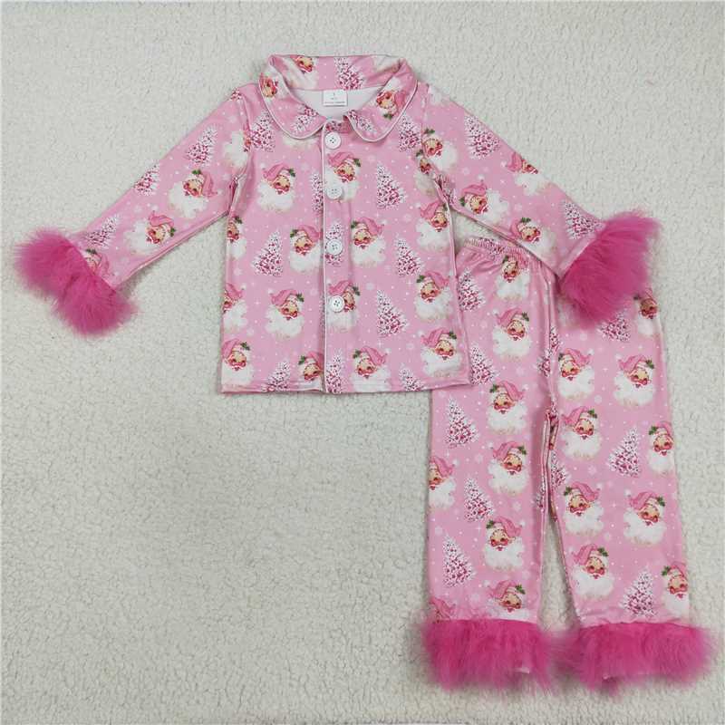 X8.18  GLP2424 Pink long-sleeved and long-pants Santa Claus tree pajama set with snowflake velvet trim
