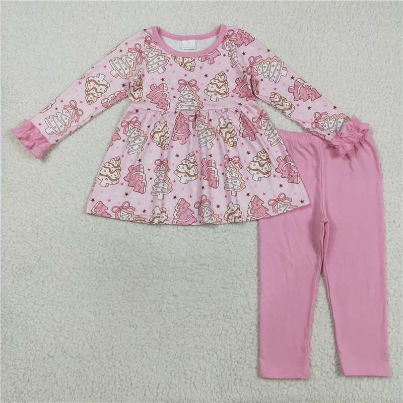 X8.18  GLP2471 Pink long-sleeved pantsuit with Christmas tree cookie bow pattern