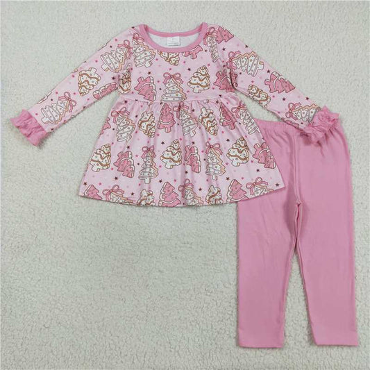 X8.18  GLP2471 Pink long-sleeved pantsuit with Christmas tree cookie bow pattern